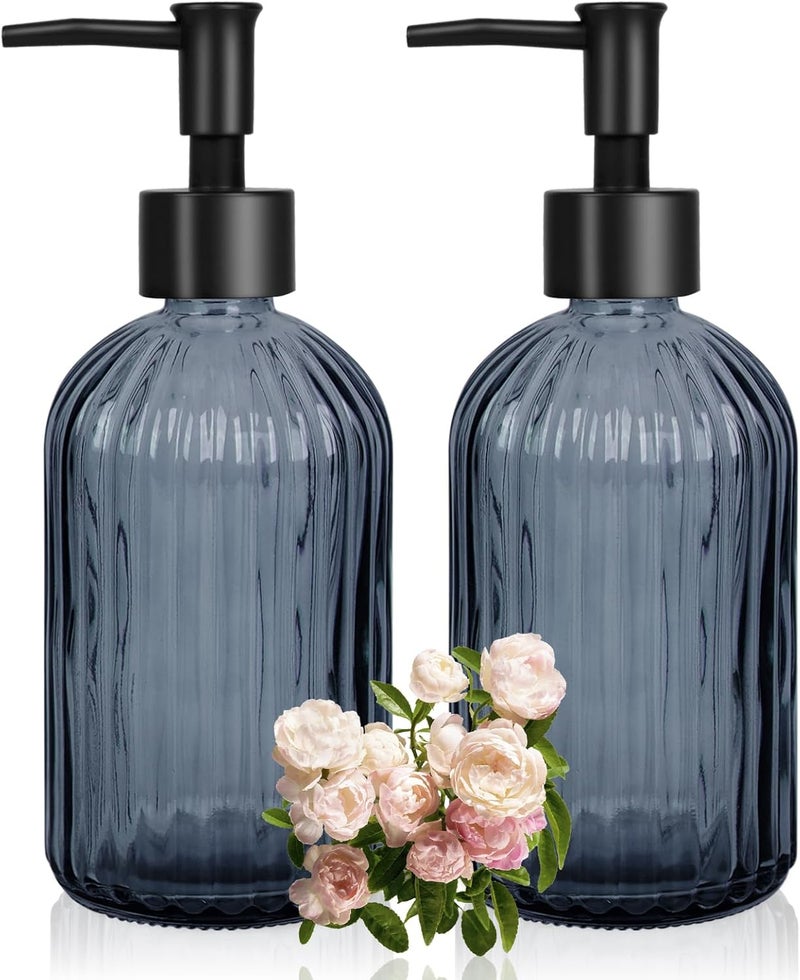 Ulable Glass Soap Dispenser with Plastic Pump, Hand Soap Dispenser for Hand Wash, Lotion Dispenser for Dishwashing Liquid, Lotion Shower Gel (Striped Blue Grey) - Image 1